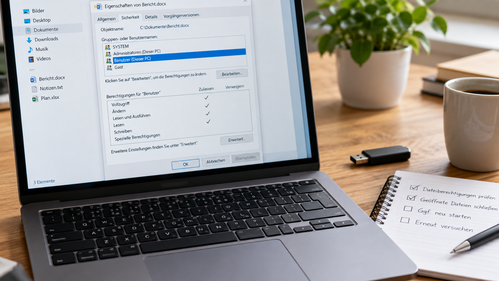 Dateieigenschaften und Berechtigungen am Laptop prüfen