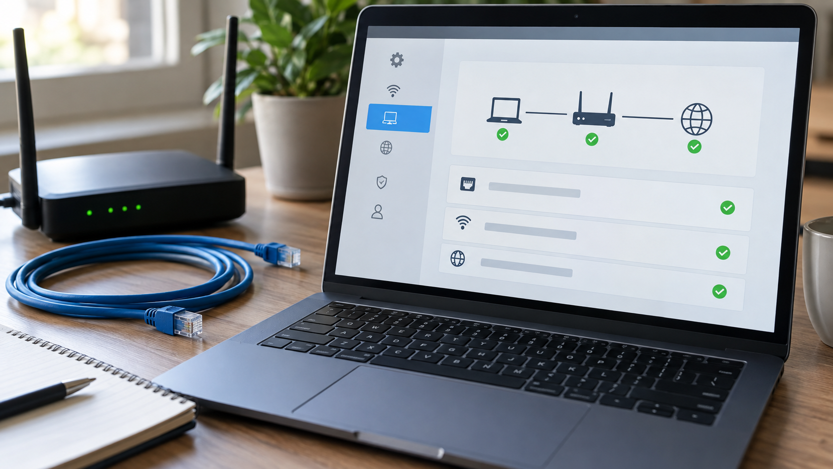 Laptop mit Netzwerkdiagnose neben Router und Netzwerkkabel