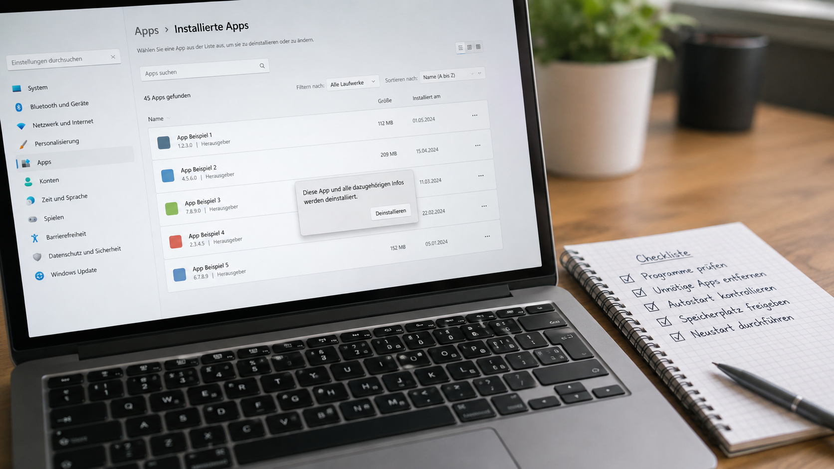 Laptop mit installierten Apps und Checkliste zur sicheren Deinstallation