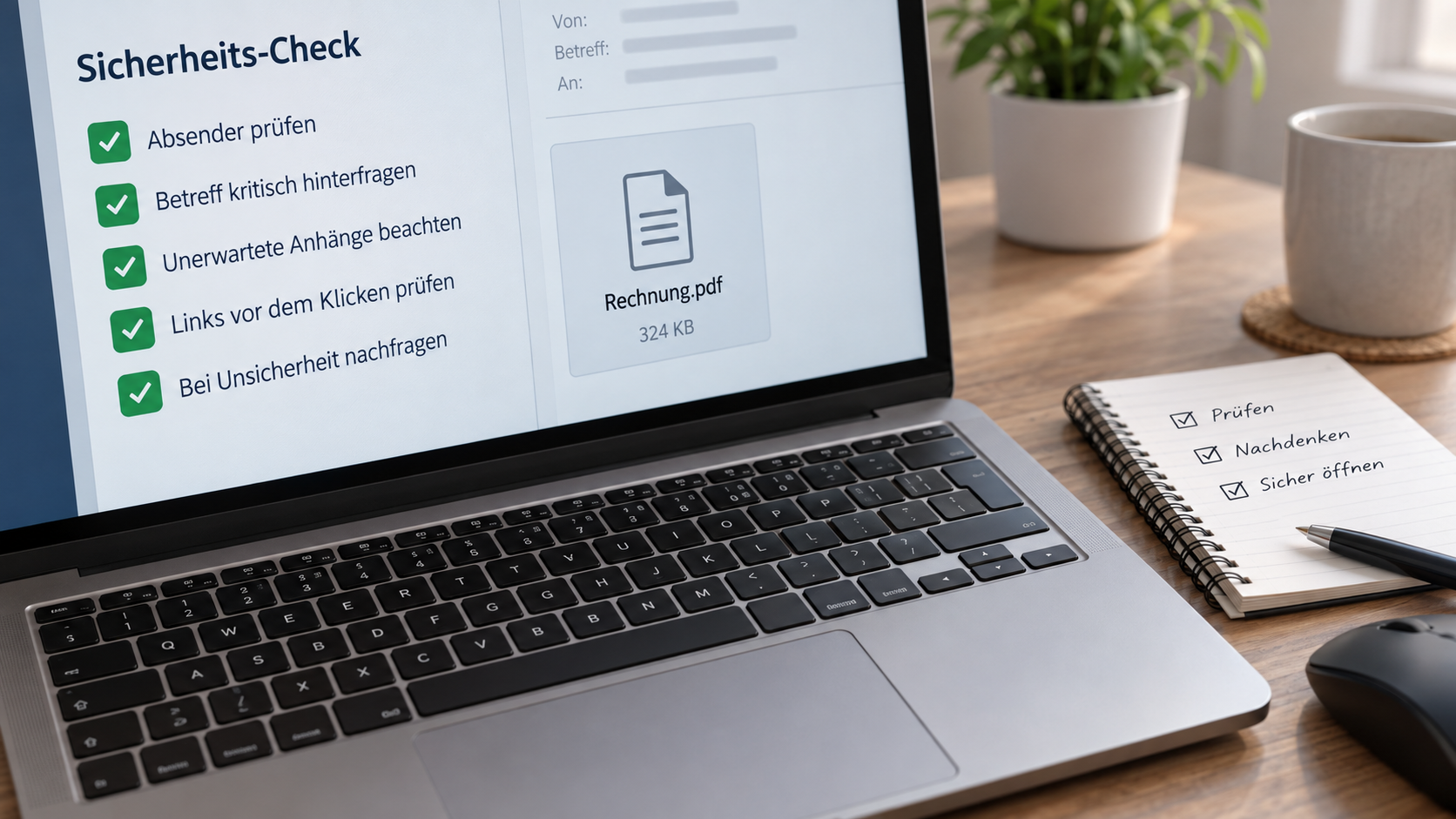 Sicherheitscheck einer verdächtigen E-Mail-Rechnung am Laptop